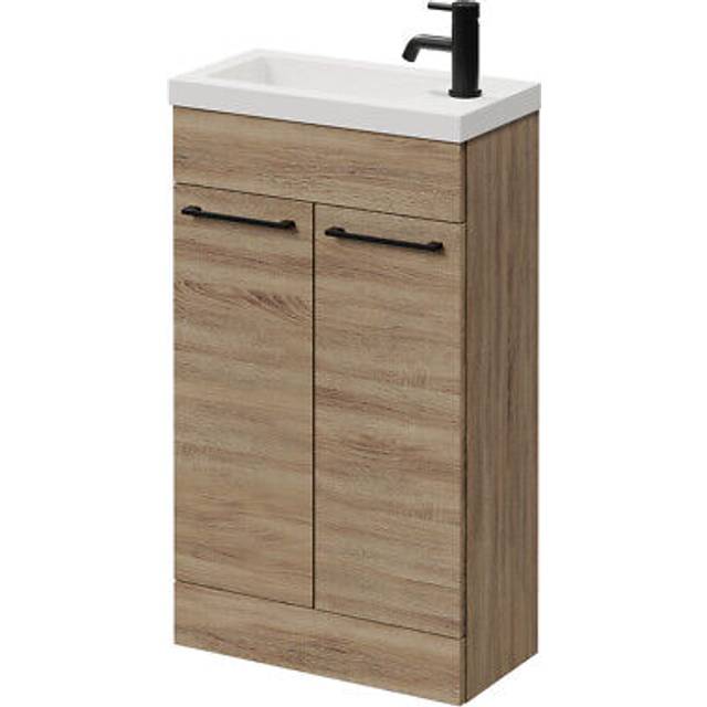 Napoli Slimline Floor Standing 2 Door Vanity Unit with Basin and Matt Black Handles | Bordalino Oak | MDP | 500mm