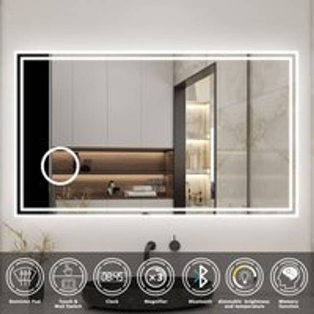Bathroom led Mirror with Bluetooth Speaker, 3 Colors Lighting Modes, Color Changing, Demister Pad Anti-fog, Magnifying, Clock, Touch Switch