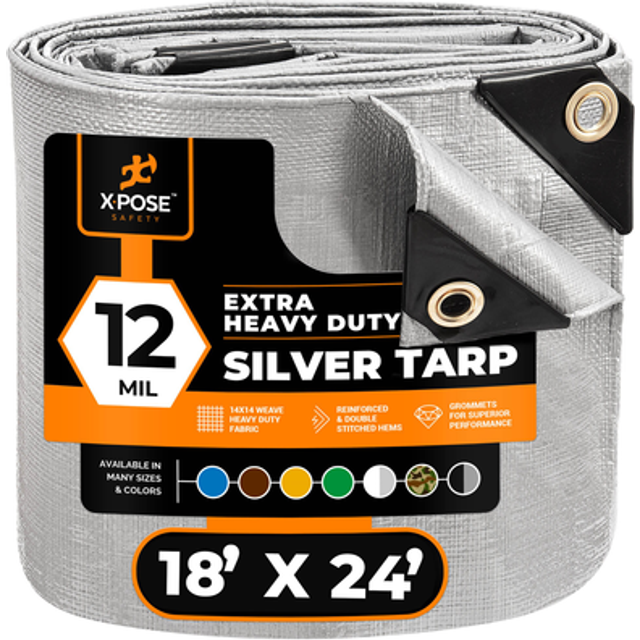 Heavy Duty Silver Poly Tarp 18' X 24' - Multipurpose Protective Cover - Durable  Waterproof  Weather Proof  Rip and Tear Resistant - Extra Thick 12 Mi
