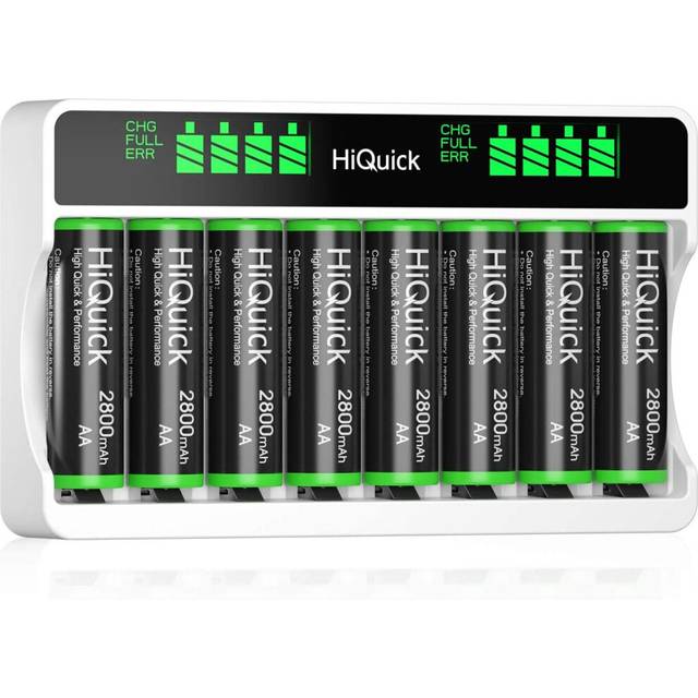 HiQuick 8-slot AA AAA LCD Battery Charger, 5V 2A Fast Charging Function, Type C and Micro USB Input, with 8 x 2800mAh AA NI-MH...