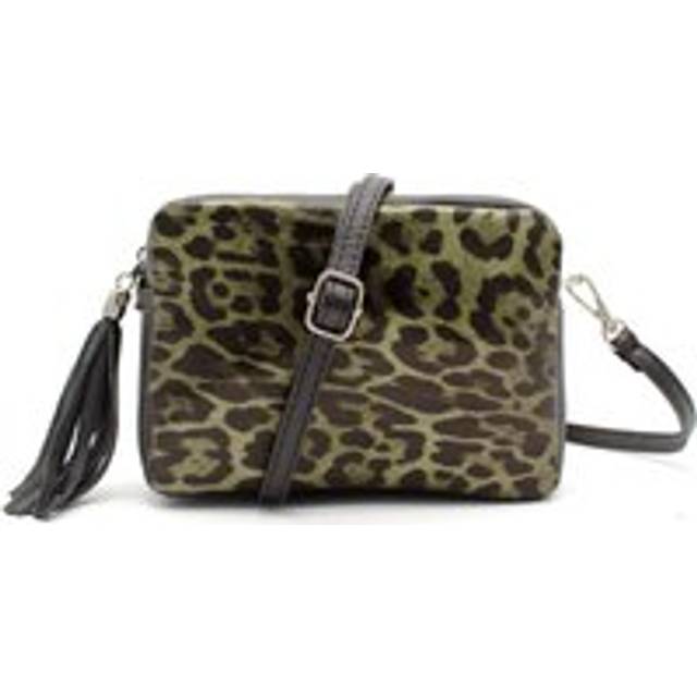 Italian Genuine Leather Leopard Print Small Crossbody Bag With Tassel Charm - Olive - One Size