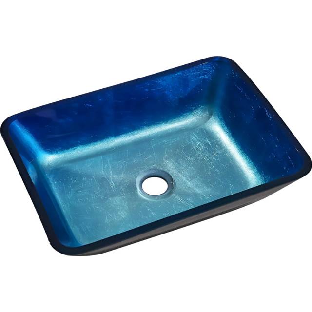 H&O Direct Blue Glass Rectangular Vessel Sink and Drain Set - 10 x 46 x 33cm