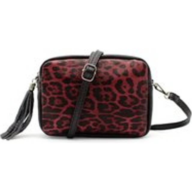 Italian Genuine Leather Leopard Print Small Crossbody Bag With Tassel Charm - Burgundy - One Size