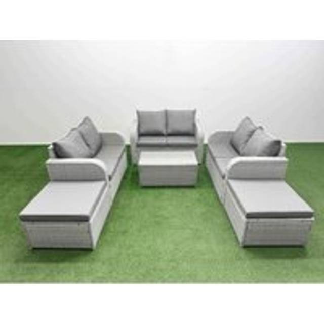 Fimous 8 Seater PE Wicker Rattan Furniture Sofa Sets with Rectangular Coffee Table 2 Seater Love Sofa 2 Big Footstool Light Grey