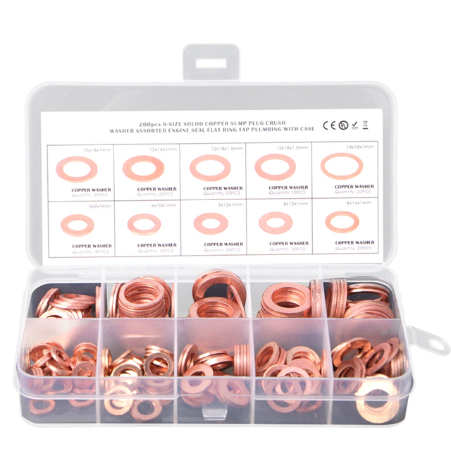 moresk-200Pcs O Ring Copper Metric Washers Assortment Kit Flat Sealing Washer 9 Sizes M5 M6 M8 M10 M12 M14