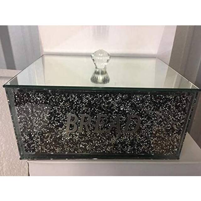 30cm Crushed Crystal Diamond Silver Bread Bin Glass Box Jar Kitchen