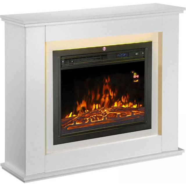 (Complete Set White) Modern Electric Fireplace with Remote Control & LED Log Fire Effect