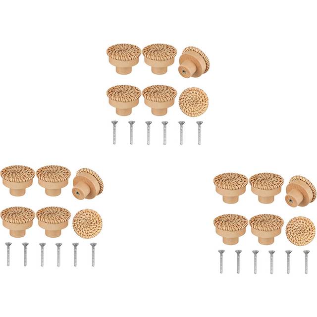 Boho Rattan Dresser Knobs Round Wooden Drawer Knobs Handmade Wicker Woven and Screws for Boho Furniture Knobs 18Pcs
