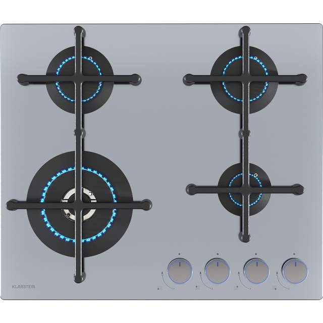 Klarstein Illuminosa 4 Gas Hob - 4-Burner Cooktop, 4kW Wok Burner, Sabaf Burners, Electric Ignition, Flame Failure Safety, Stainless Steel, Efficient