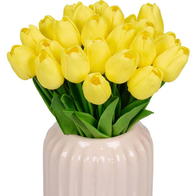 Relaxdays - Artificial Tulips, 24 Realistic Plastic Flowers, Faux Blooms, Fake Bouquet, approx. 33.5 cm Tall, Yellow/Green