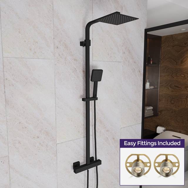 Modern Square Matte Black Exposed Thermostatic Mixer Shower Set With Easy Fittings