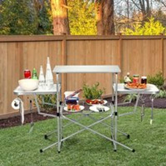 Folding Camping Table Aluminum bbq Picnic Table w/ 2 Extended Tables & Wire Rack