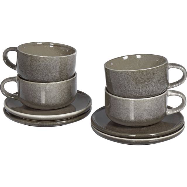 Set of 4 Cups with Saucers Tea Coffee Stoneware Kaolin Handmade Reactive Glaze Finish Grey Costmary