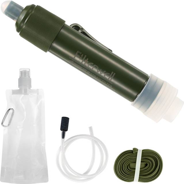 Outdoor Water Filtration System Water Filter Straw Purifier with Drinking Pouch for Emergency army green