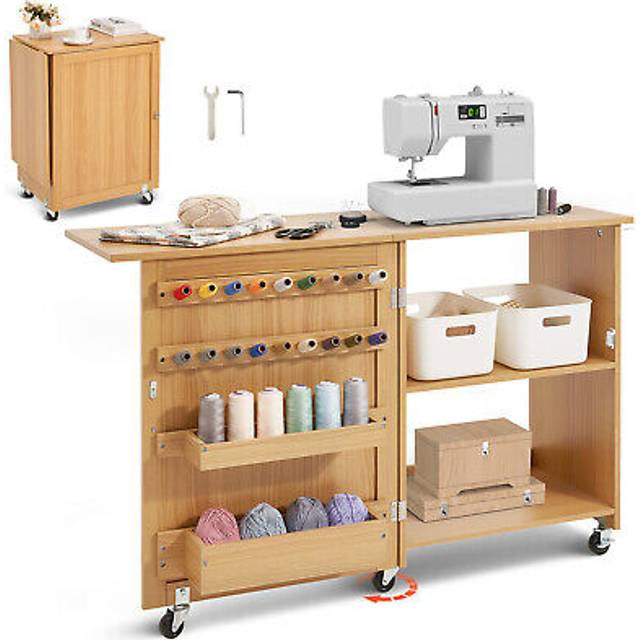 VEVOR Folding Sewing Table with Lockable Wheels Shelves Trays Door Wood Color