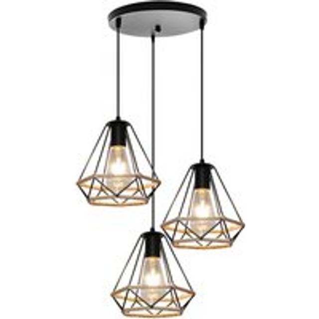 Norcks - Retro Industrial Chandelier Hemp Rope Diamond Ceiling Light Black Nostalgia Classic Pendant Light 3 Heads For Bedroom 20Cm