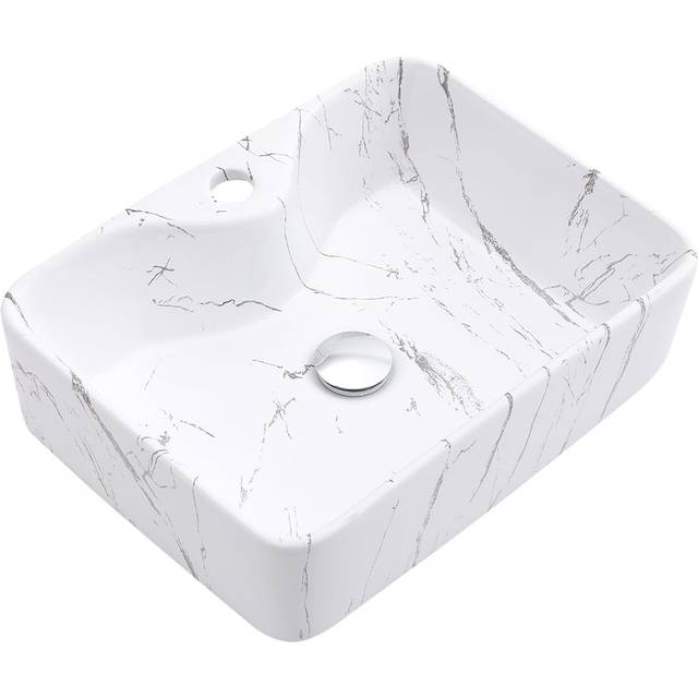 H&O Direct Rectangular Marble Effect Vessel Sink - White - 13.5 x 48 x 37cm