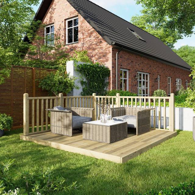 Powersheds Treated Timber Decking Kit (c/w 2 Handrails), 10ft x 10ft, Light Brown Timber
