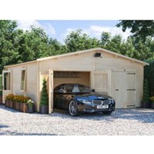 Wooden Double Garage Deore 6m x 5.5m - Garden Drive Car Storage Tool Shed Workshop Log Cabin Roof Felt