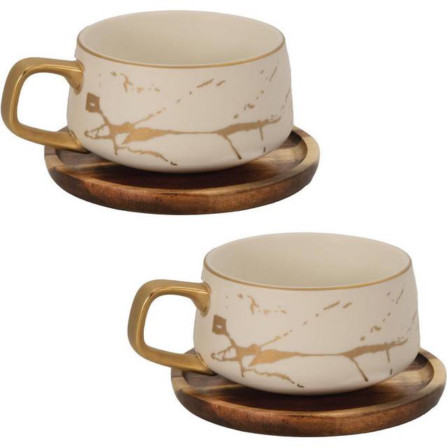 Coffee cup and teacup with wooden saucer - White (200ml)