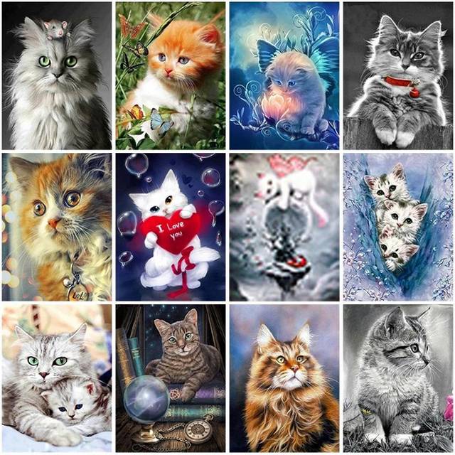 5D DIY Diamantmålning Djur Katt Hel fyrkantig Rund Harts Diamantbroderi Strass Bild Korsstygnssats Heminredning Full Round 20X30CM röd