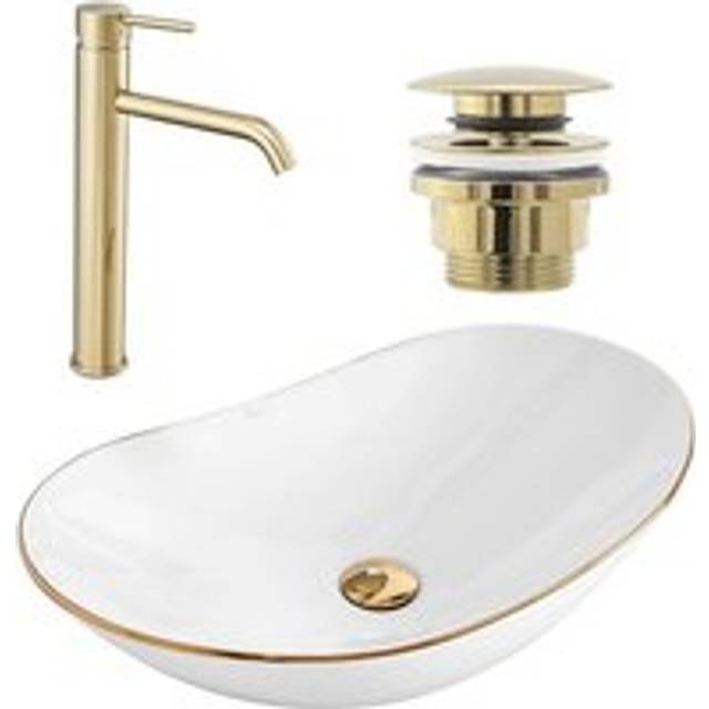 Set countertop washbasin REA royal gold edge + bathroom faucet lungo gold + plug universal gold
