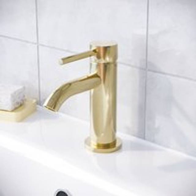 Modern Deck Mounted Cloakroom Brushed Brass Round Basin Mono Mixer Tap - Gold - One Size