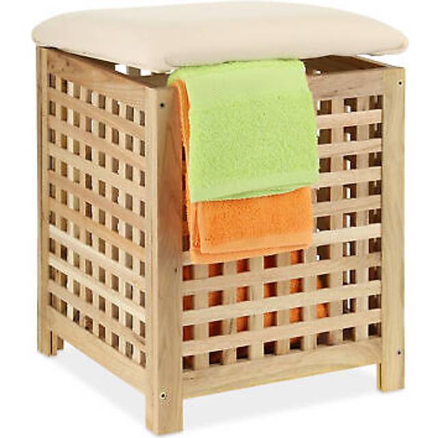 Relaxdays - Laundry Basket with Seat, Walnut, 50x39x39 cm, 45 l Washing Box, Bathroom Stool with Storage Space, Natural