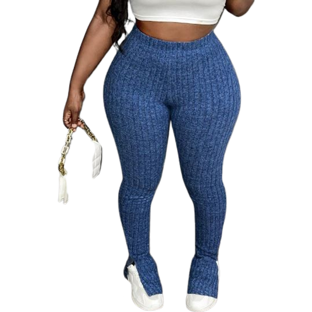 Slaydiva Casual Elastic Waist Ribbed Flared Leg Open Slit Bottoms, Navy