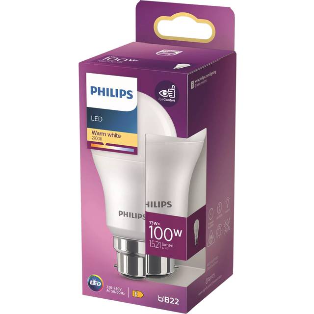Philips 100W A60 B22 LED Non-Dimmable Classic Bulb, Warm White