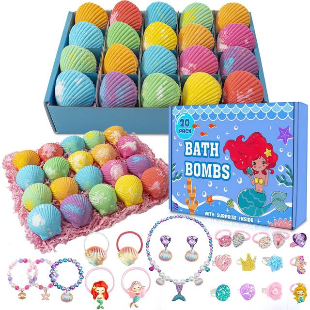 20 Pack Mermaid Bath Bombs for Girls Kids with Surprise Inside Mermaid Gifts for Girls Birthday Gifts Easter Christmas Princess Jewelry Natural Organi