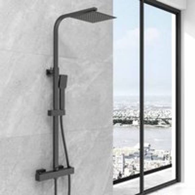 Thermostatic Shower Mixer Set Black Square Exposed Valve Bar Twin Head Kit - Sky Bathroom