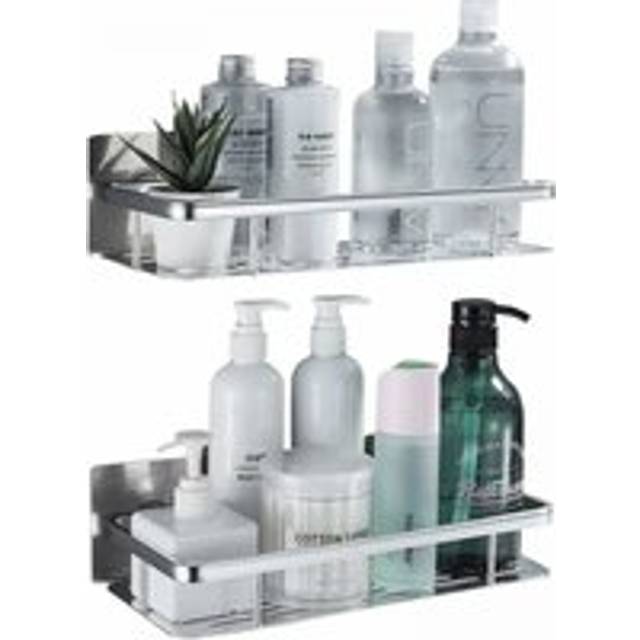 2PCS No Drilling Aluminum Shower Caddy Silver Rustproof Bathroom Storage Self Adhesive Bathroom Shelves No Drilling Shower Caddy with 4 Hooks
