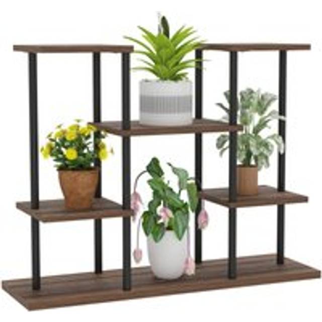 Outsunny 4 Tiered Metal Flower Shelf Display Rack, Carbonised Finish, Brown