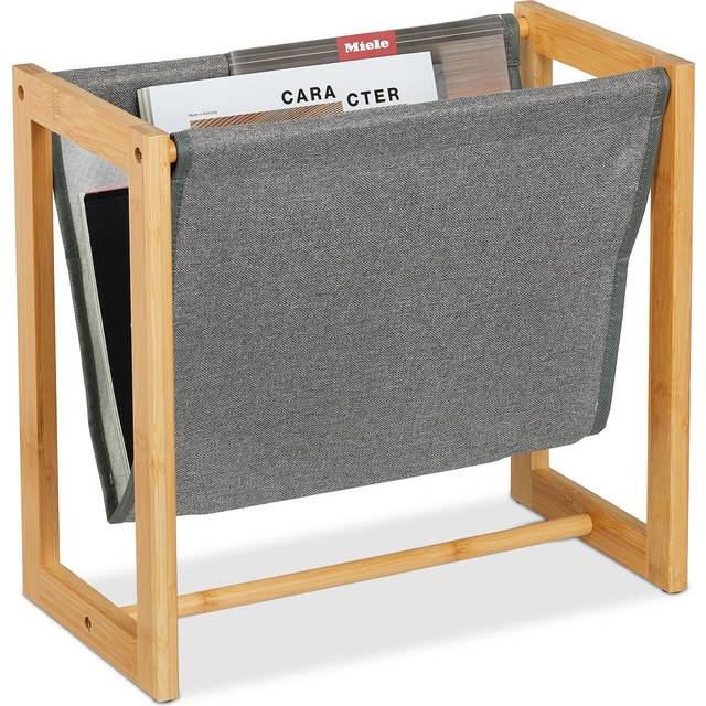Magazine Rack, Bamboo & Fabric, hwd: 37 x 39.5 x 21 cm, A4, Newspaper Stand, Catalogue Holder, Natural/Grey - Relaxdays