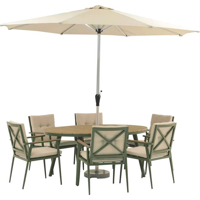 Bramblecrest RHS Wisley 6-Seater Ellipsis Garden Dining Table & Chairs Set with Parasol, Sage