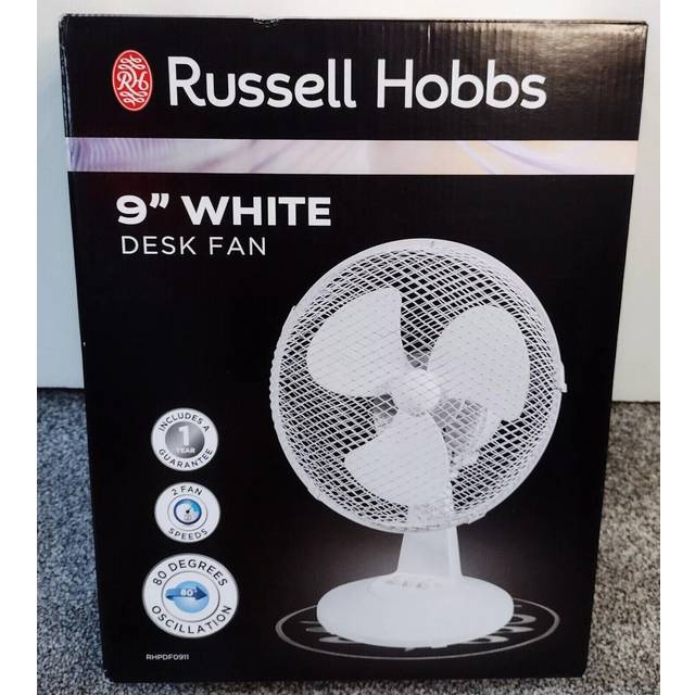 "Russell Hobbs 9"" Inch, Portable Desk Fan, 2 Speeds, Wide-Angled Oscillation, Quiet Operation, Perfect for Bedroom or Office, White - RHPDF09"