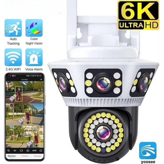 6K Outdoor WiFi Video Surveillance Camera 12MP Four-lens Three-screen AI Human Body Detection Bidirectional Voice IP Camera CCTV 6K Camera