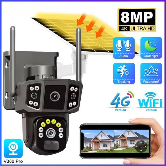 6K 12MP WiFi IP-kamera Utomhus Trippellins Tre Skärmar 10X Zoom Panoramavy PTZ Säkerhetskamera Rörelsedetektering 8MP Videoövervakning 12MP Camera