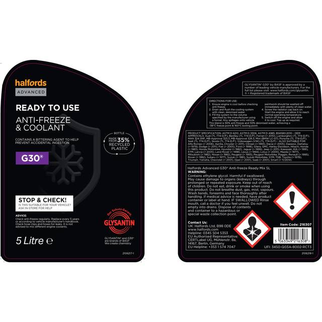 Halfords Advanced G30 Antifreeze & Coolant Ready Mixed 5L