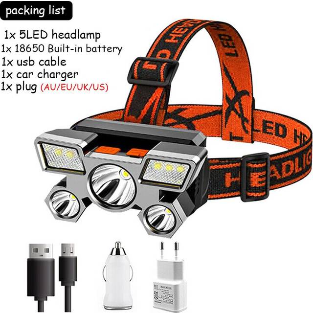 (D Packing) 5LED with Built-in 18650 Battery USB Rechargeable Portable Flashlight Lantern Headlamp Outdoor Camping Headlight Headlamps