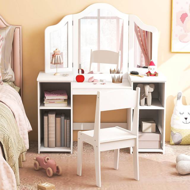 Kids Vanity Set with Tri-Folding Detachable Mirror-White