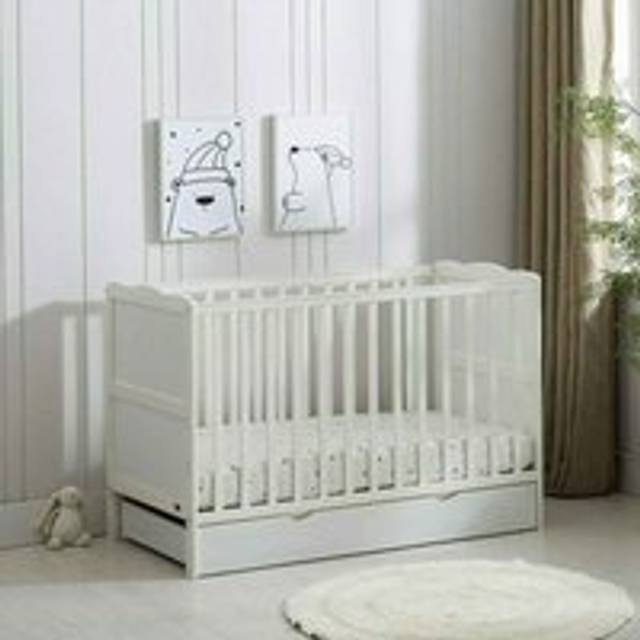 (White) MCC BABY COT BED Wooden Baby Cot Bed & Rollaway Drawer & Aloe Vera Water Repellent Mattress(Orlando Drawer)