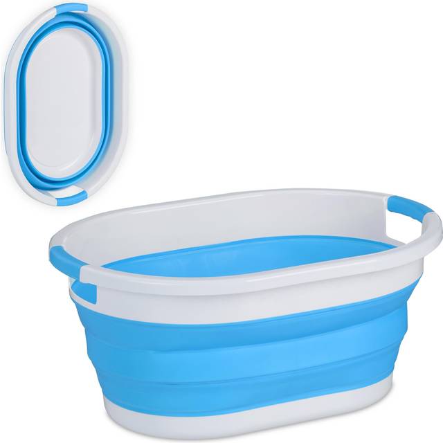 Folding Laundry Basket, 36 l, Plastic Tub, Clothing, Collapsible Washing Storage, with Handles, Blue/White - Relaxdays