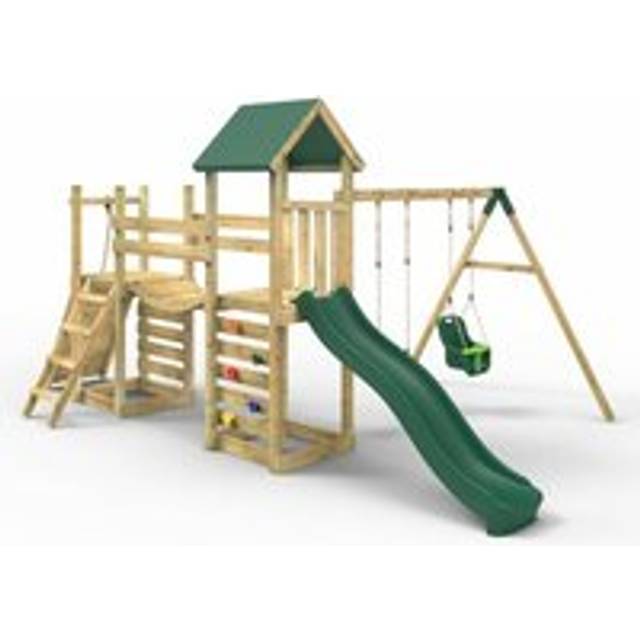 (Rainier) Rebo Double Tower Climbing Frame with Flexible Bridge, Swing & Slide