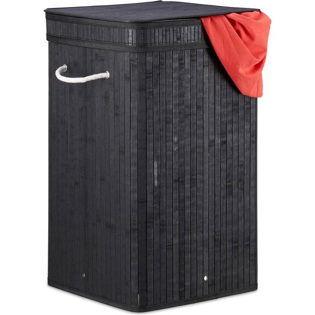 Relaxdays - White Bamboo Pop-Up Laundry Hamper, Handle, Portable, 70 l Load, Square Laundry Bag, HxØ: 63 x 36 cm