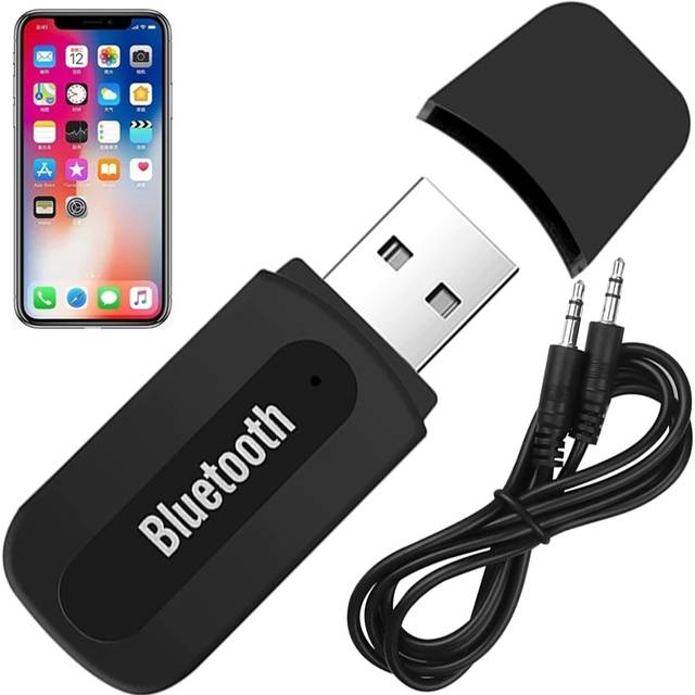Retoo Bluetooth-adapter USB med bilkabel audio aux 3,5 mm och mikrofon som handsfree för bil, trådlös mottagare Kompatibel med Android, iOS, hemstereo och bilradio för musikstreaming