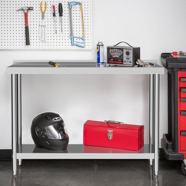 Two-Tier Stainless Steel Workbench with Backsplash - Silver / 15cm / 150cm