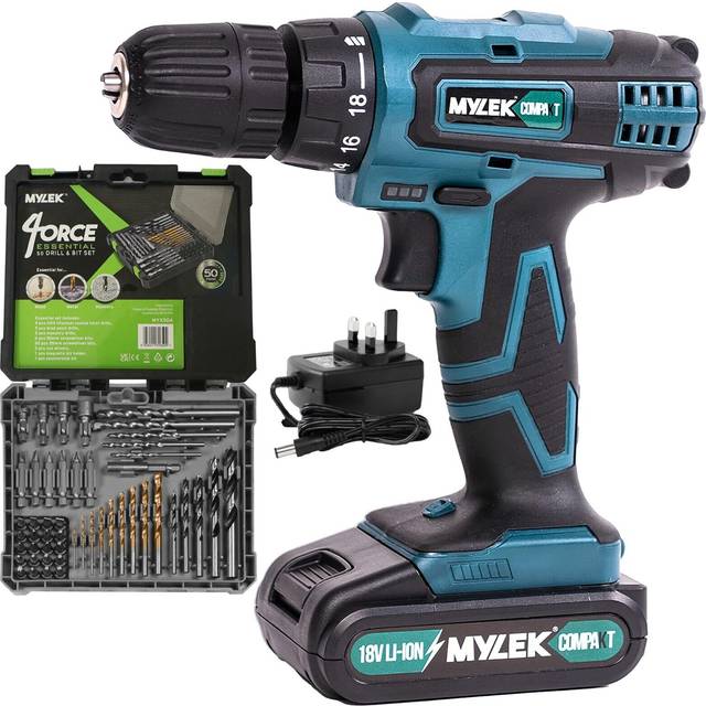 Mylek cordless drill 18v driver screwdriver & 50 piece drill set diy lithium ion