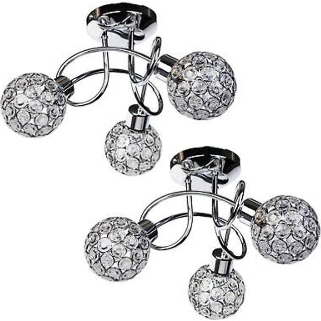Pair of modern 3 way flush chrome ceiling light jewelled metal ball shades